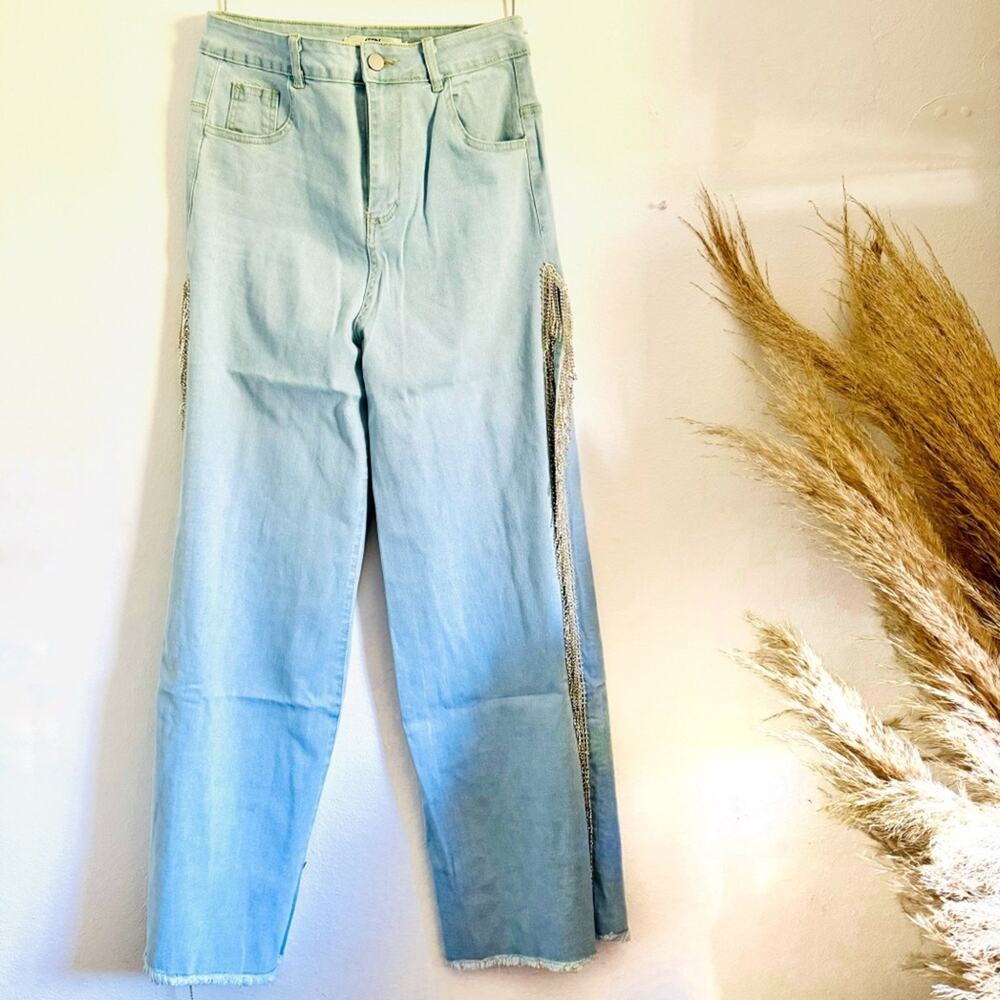 NEW Light Wash Stretch Denim Rhinestone Crystal Fringe Tassel Split Leg Jeans L - Picture 2 of 14